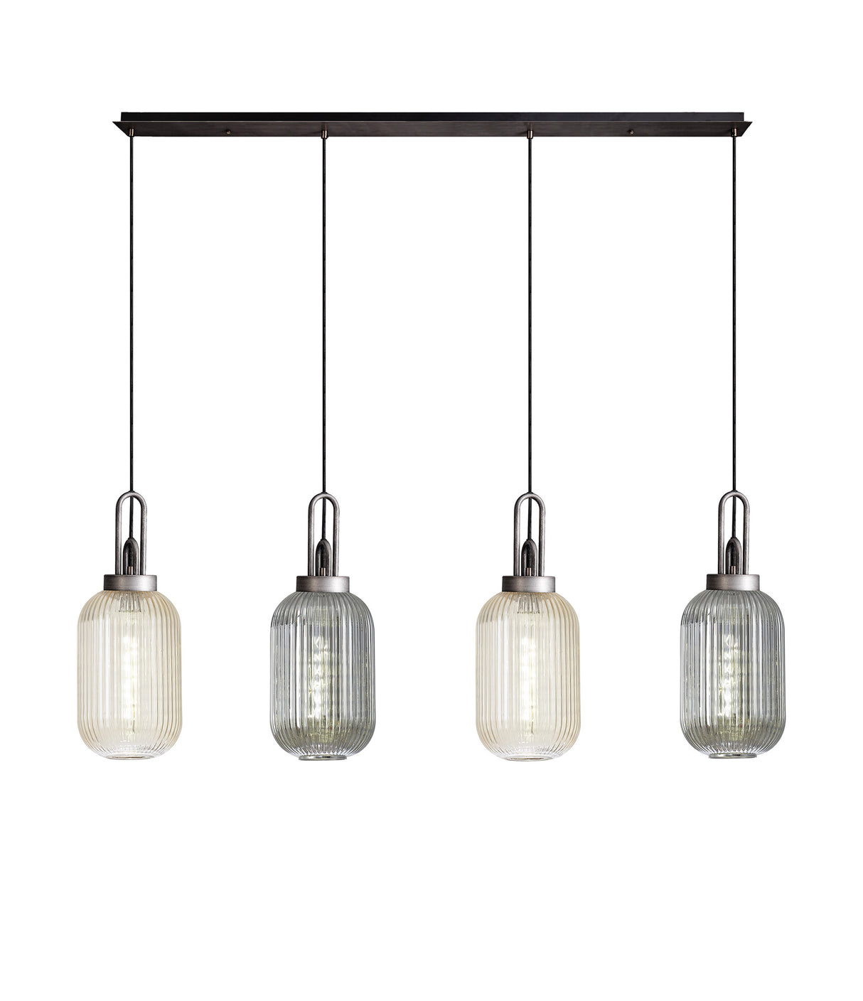 Allardyce Linear Pendant 4 Light E27 With 20cm Tubular Ribbed Glass, Aged Pewter / Champagne / Smoked / Matt Black