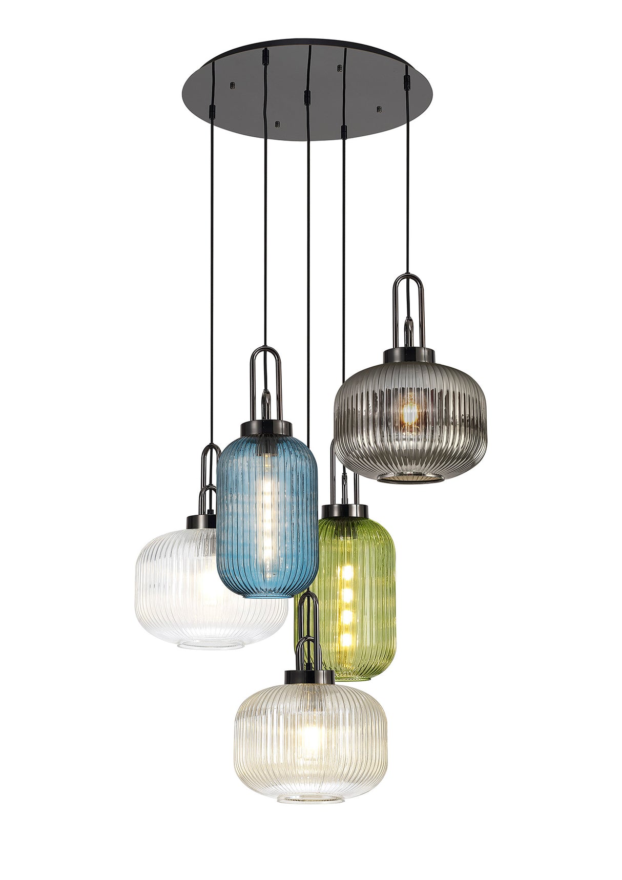 Allardyce 2.5m Round Pendant 5 Light E27 With Various Glasses, Black Chrome/Smoked/Petrol Blue/Green/Clear/Champagne