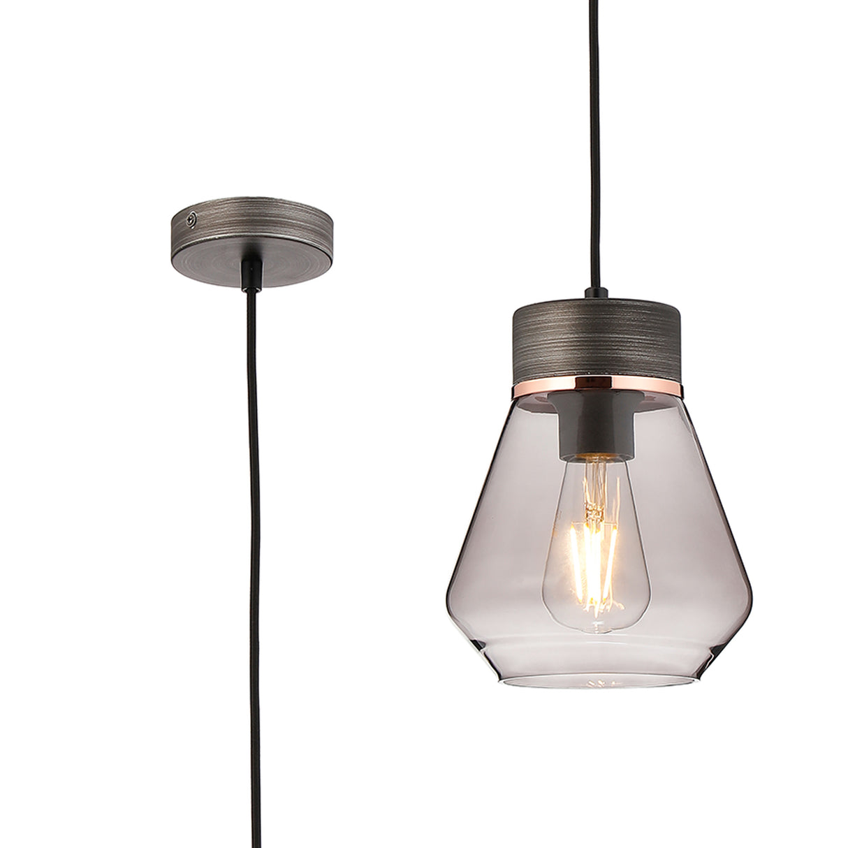 Berry 1 Light Pendant E27, With Kite Smoke Glass Aged Pewter / Smoke / Black Fabric