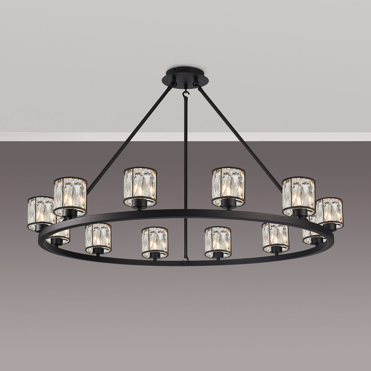 Swindlehirs Satin Black 12 Light With Clear Crystal Round G9 Telescopic Light With Clear Crystal