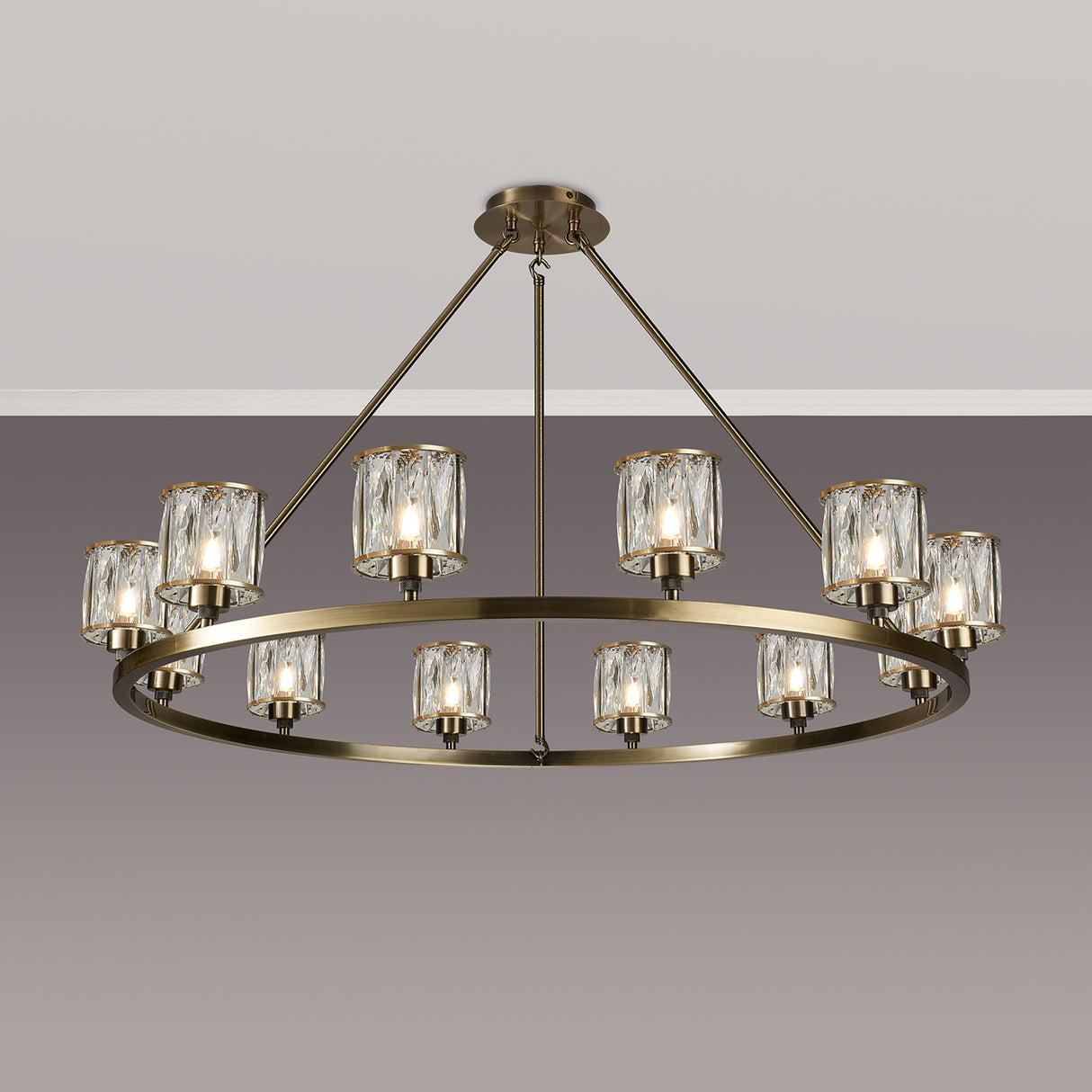 Swindlehirs Antique Brass 12 Light With Clear Crystal Round G9 Telescopic Light With Clear Crystal