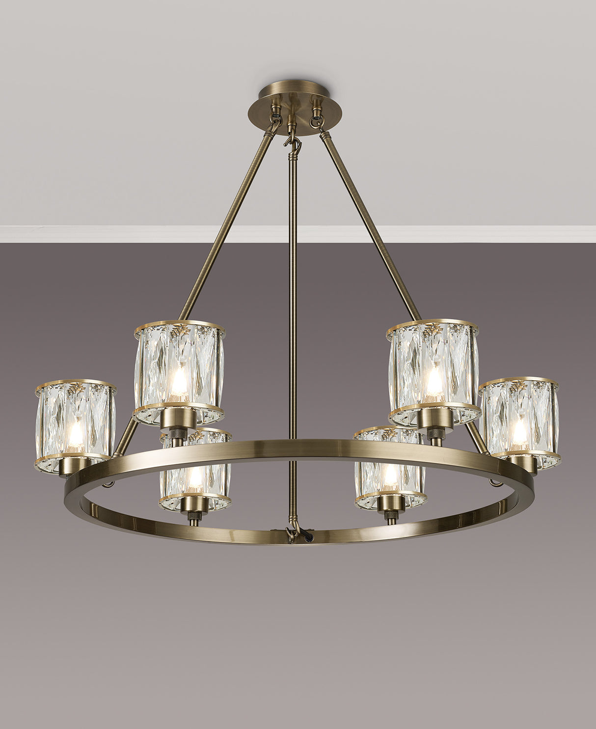 Swindlehirs Antique Brass 6 Light With Clear Crystal Round G9 Telescopic Light With Clear Crystal