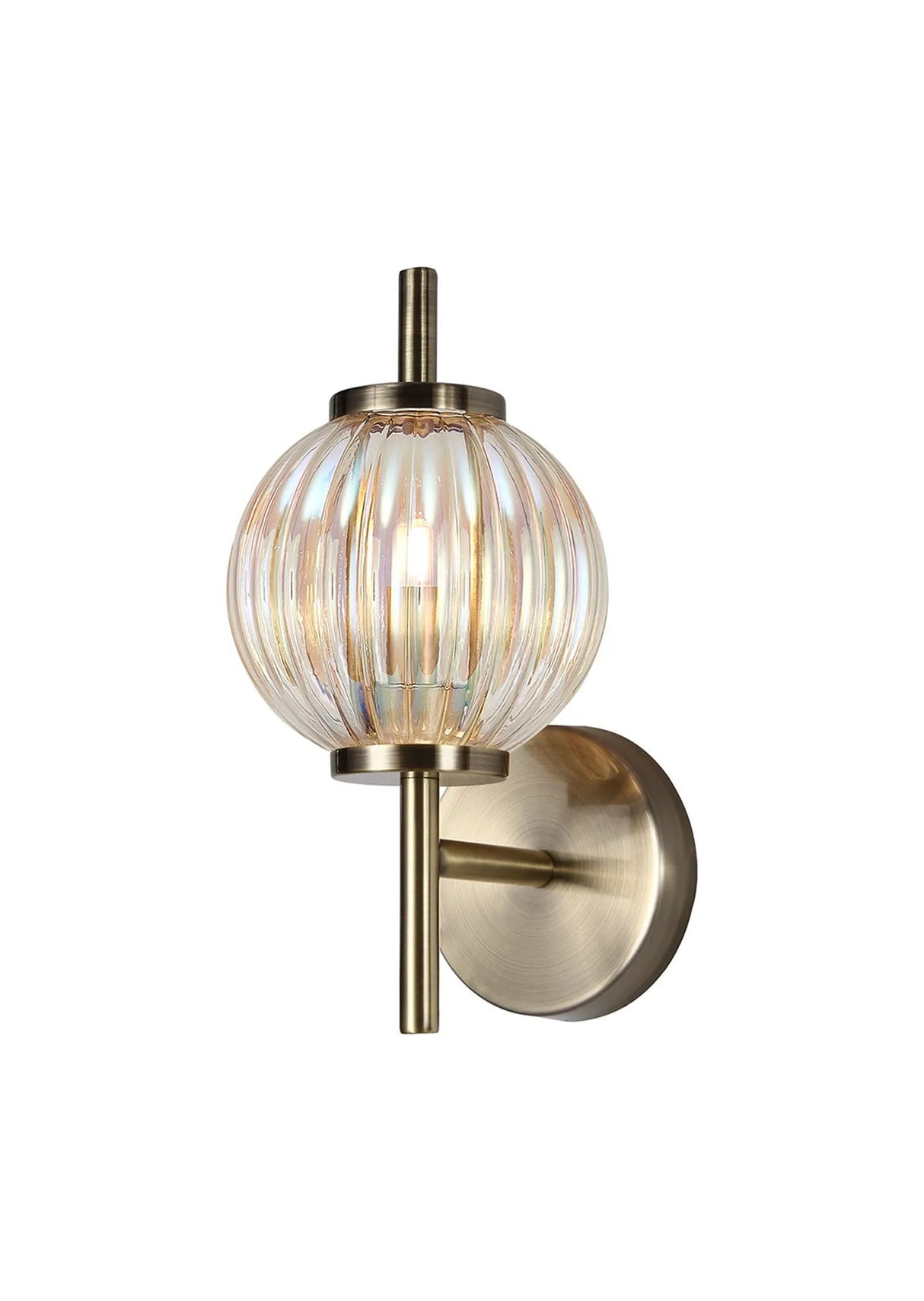 Halom Wall Lamp, 1 x G9, Antique Brass/Light Iridescent Glass