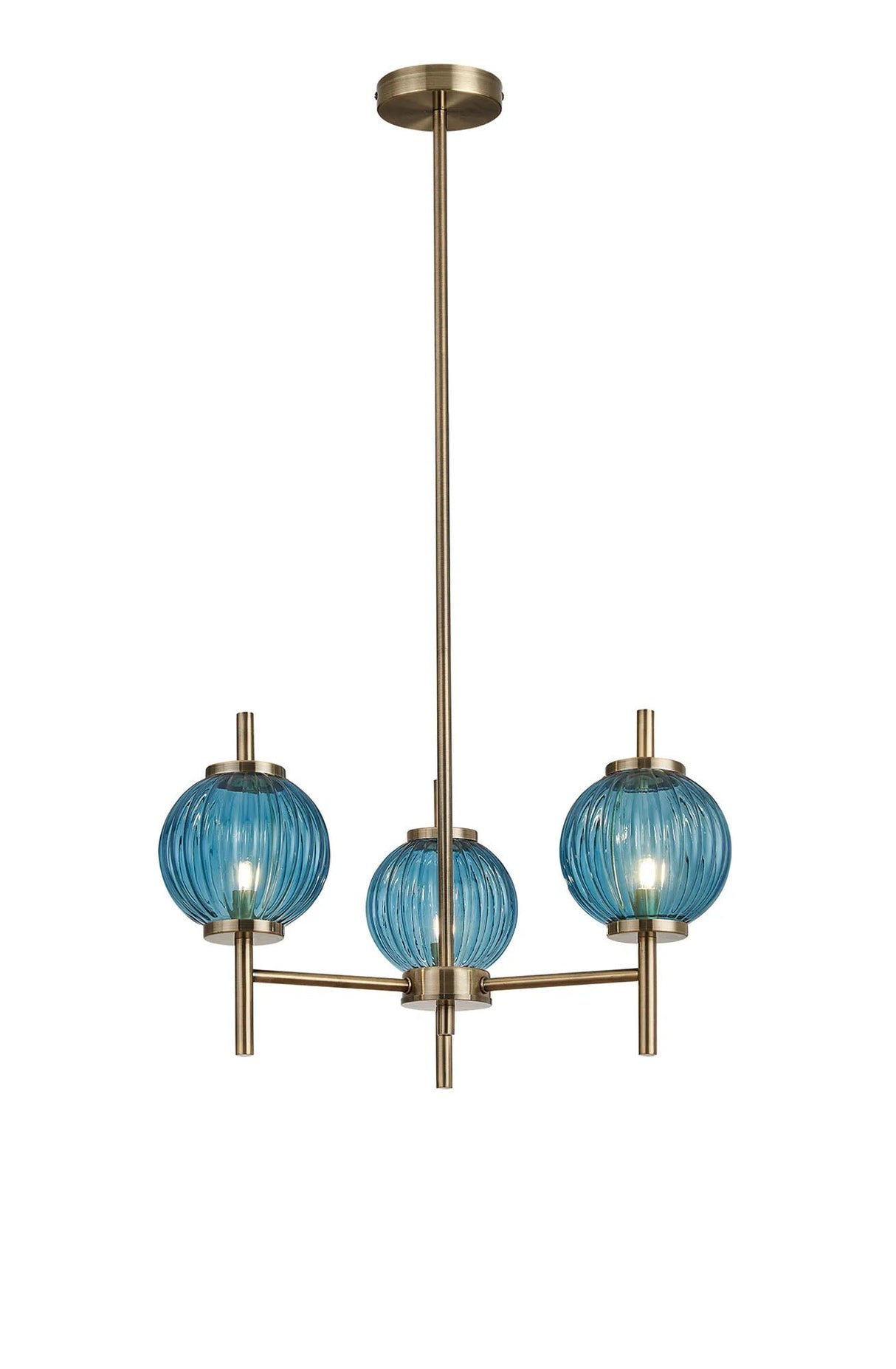 Halom 55cm Multi Height Pendant, 3 x G9, Antique Brass/Blue Glass