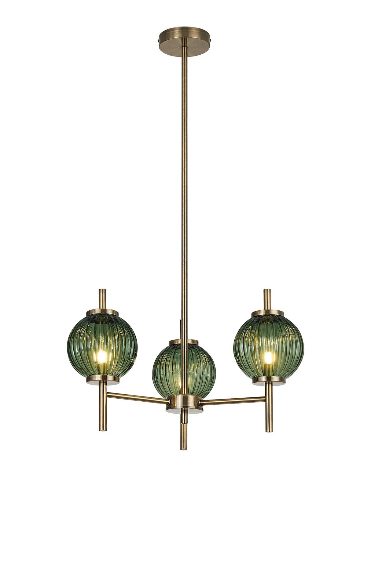 Halom 55cm Multi Height Pendant, 3 x G9, Antique Brass/Moss Green Glass
