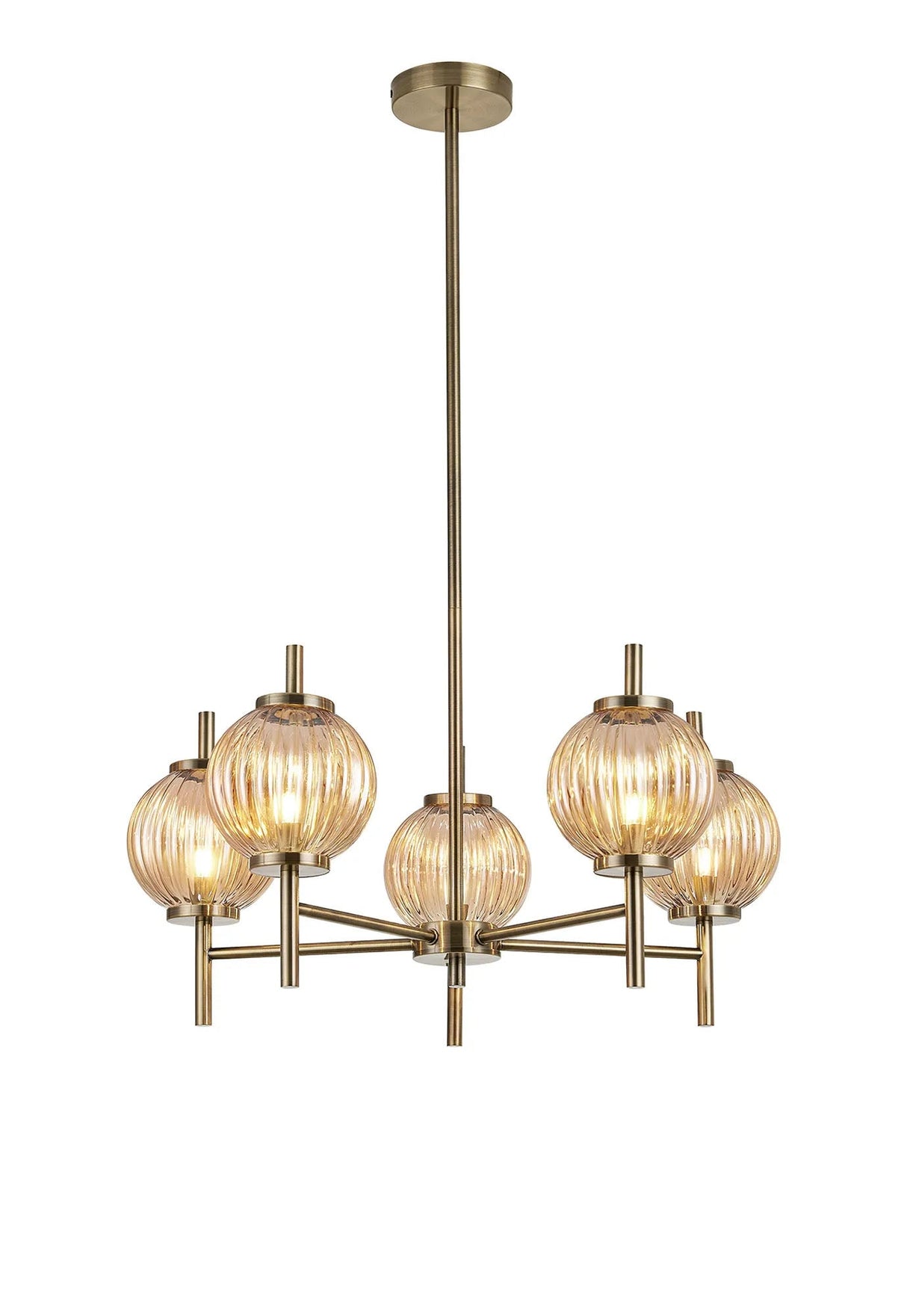 Halom 65cm Multi Height Pendant, 5 x G9, Antique Brass/Amber Glass