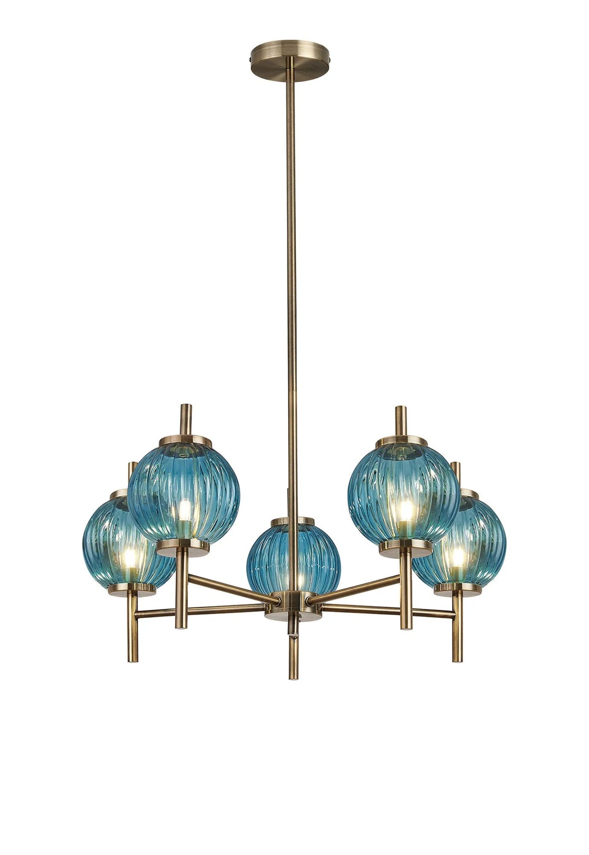 Halom 65cm Multi Height Pendant, 5 x G9, Antique Brass/Blue Glass