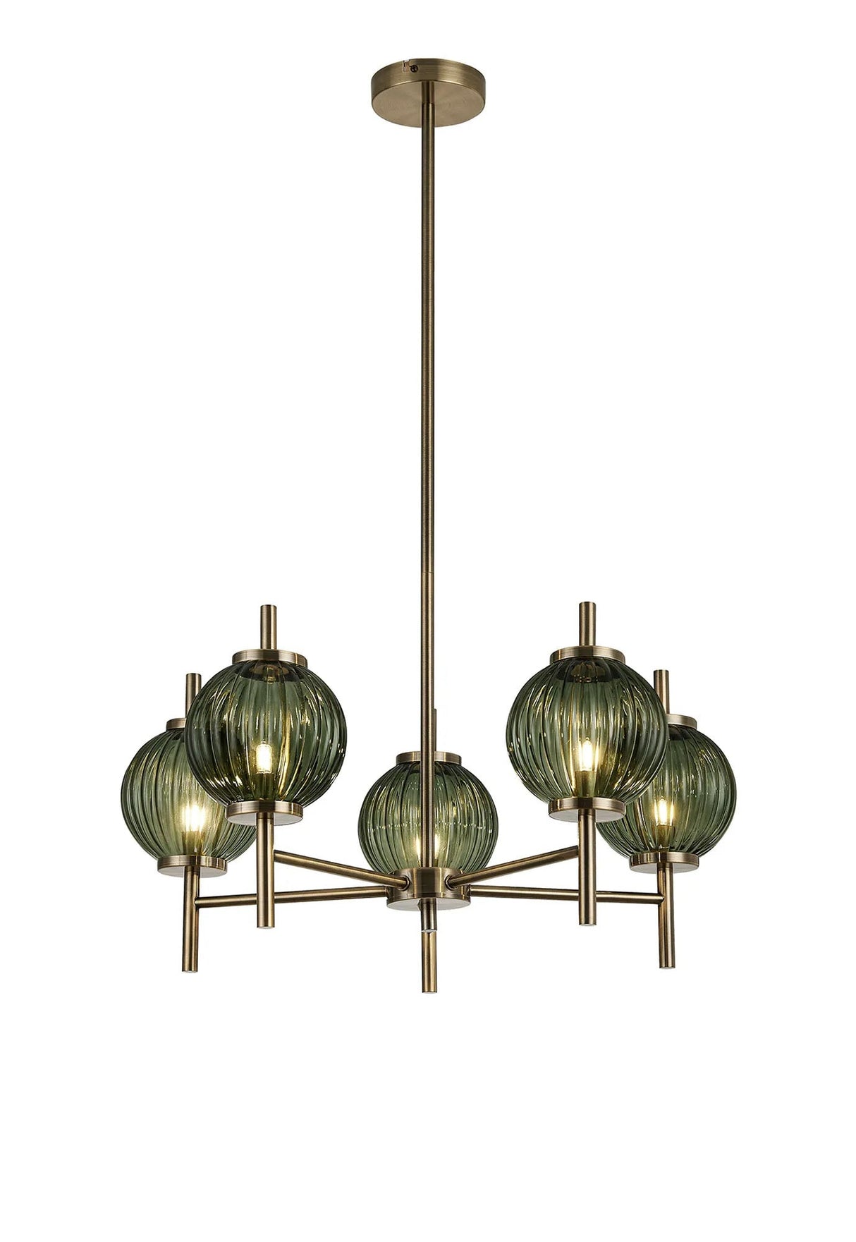 Halom 65cm Multi Height Pendant, 5 x G9, Antique Brass/Moss Green Glass