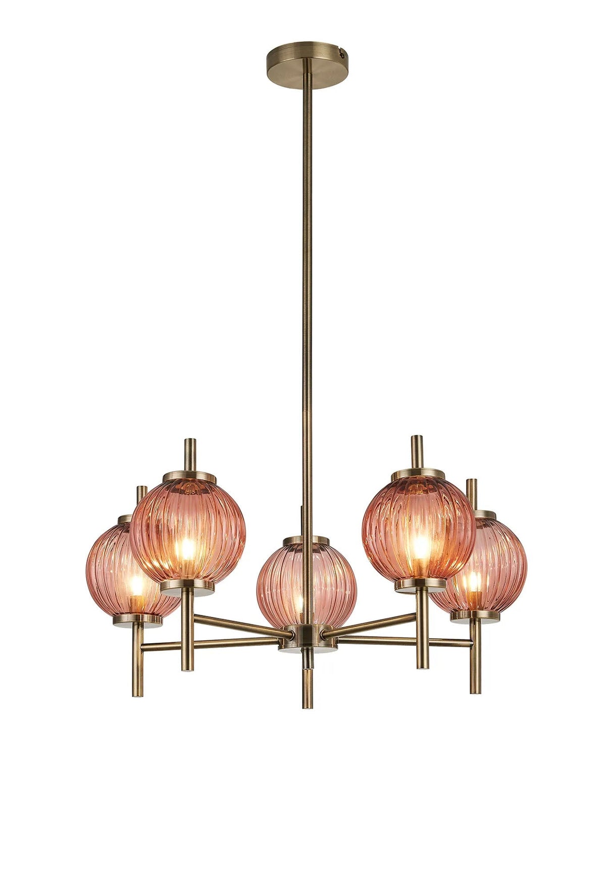 Halom 65cm Multi Height Pendant, 5 x G9, Antique Brass/Blush Pink Glass