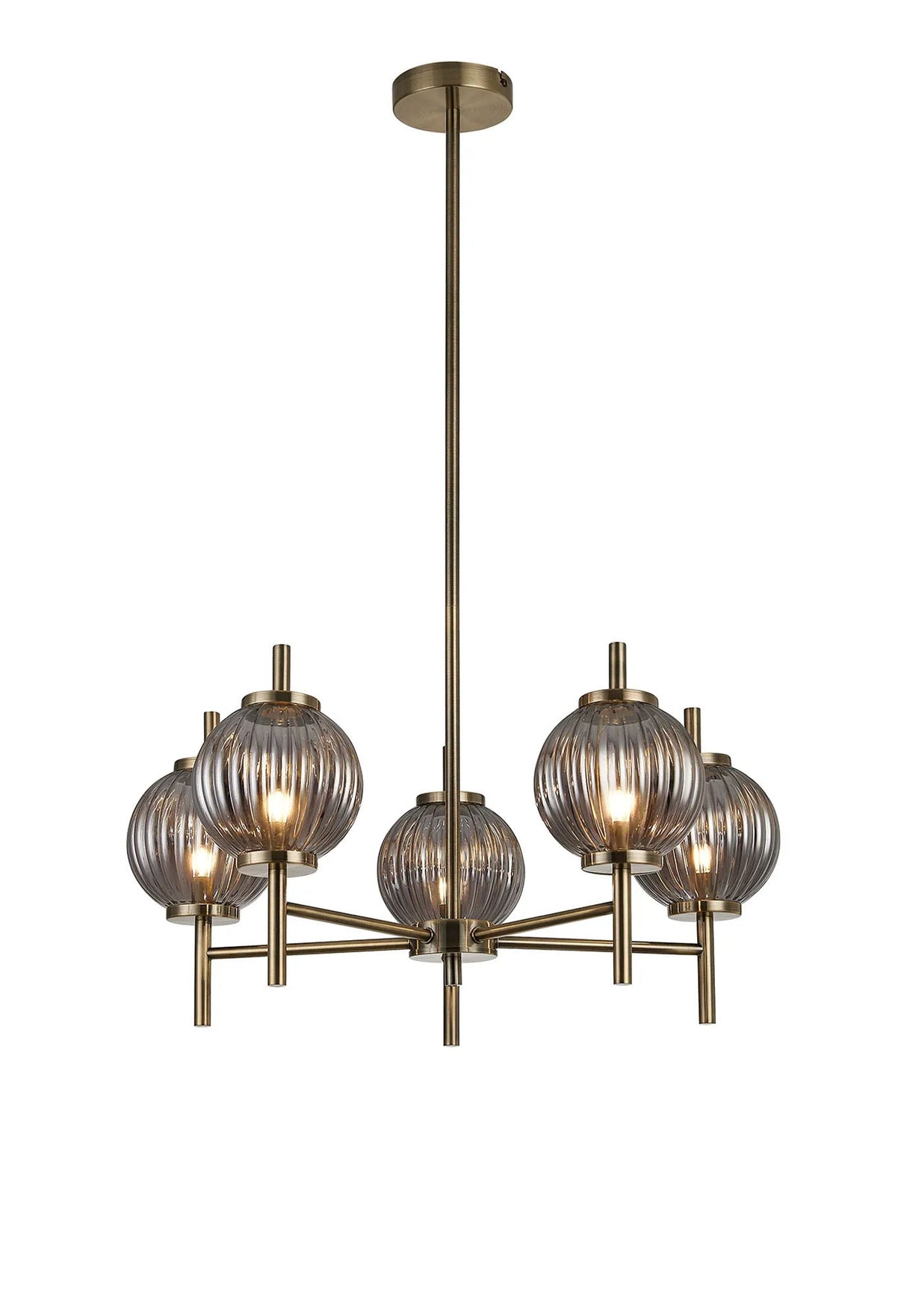 Halom 65cm Multi Height Pendant, 5 x G9, Antique Brass/Smoke Glass