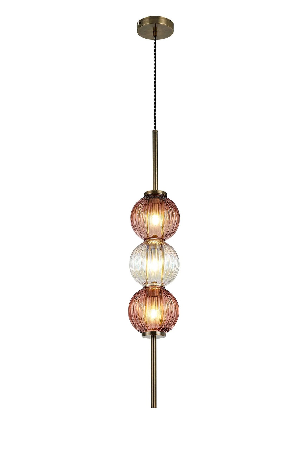 Halom 15cm Pendant, 3 x G9, Antique Brass/Light Iridescent/Blush Pink Glass