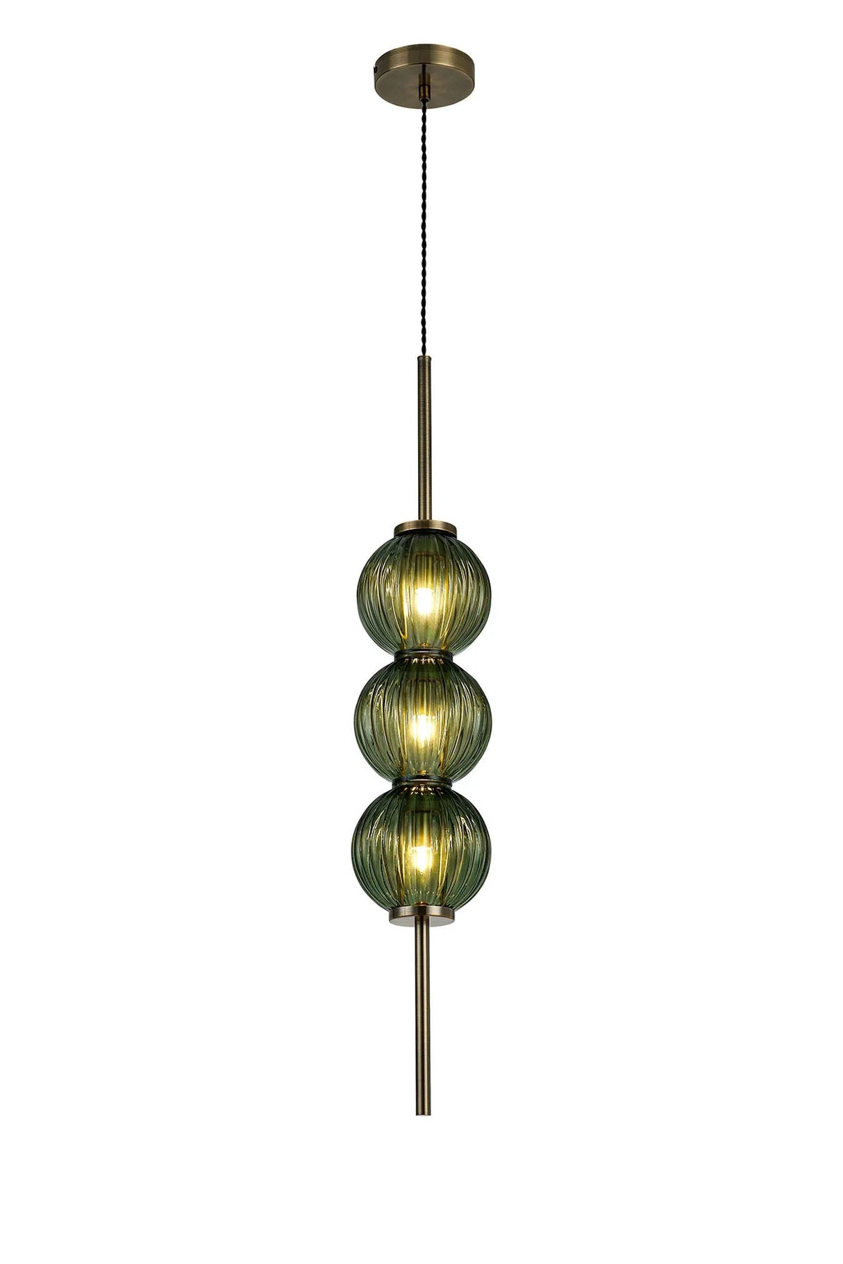 Halom 15cm Pendant, 3 x G9, Antique Brass/Moss Green Glass