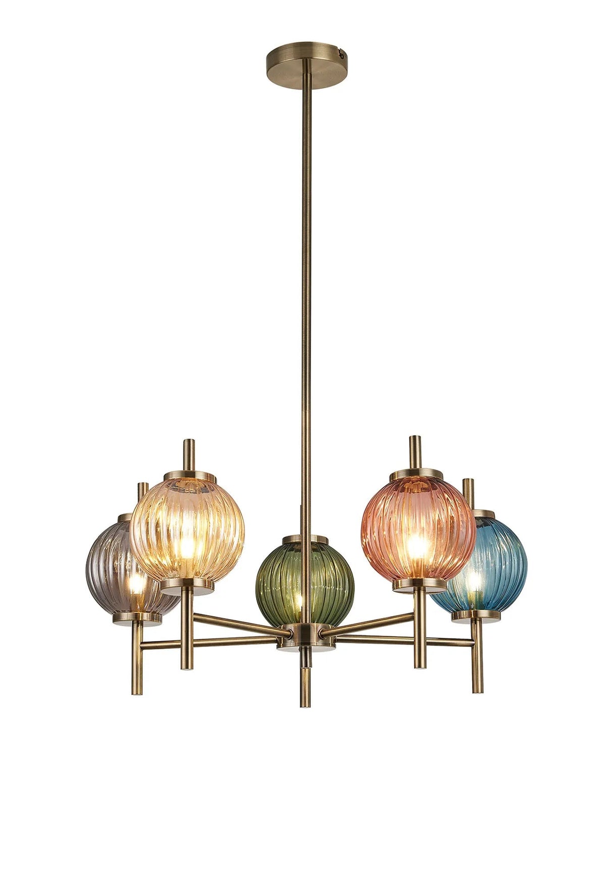 Halom 65cm Multi Height Pendant, 5 x G9, Antique Brass/Amber/Blue/Moss Green/Blush Pink/Smoke Glass