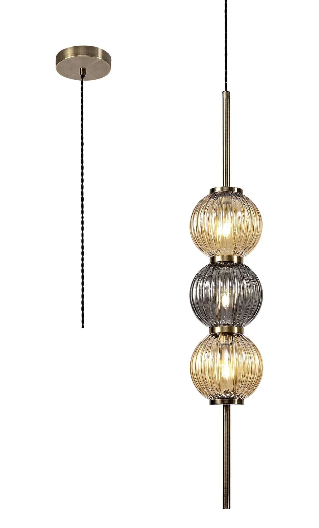 Halom Pendant, 3 x G9, Antique Brass/Smoked & Amber Glass