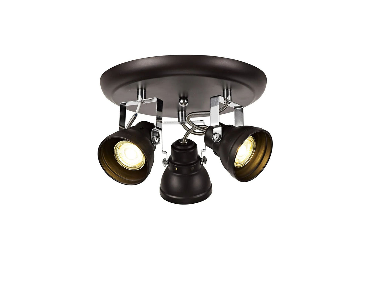 Walker Adjustable Round Spotlight, 3 x GU10 (Max 10W LED), Oiled Bronze/Polished Chrome