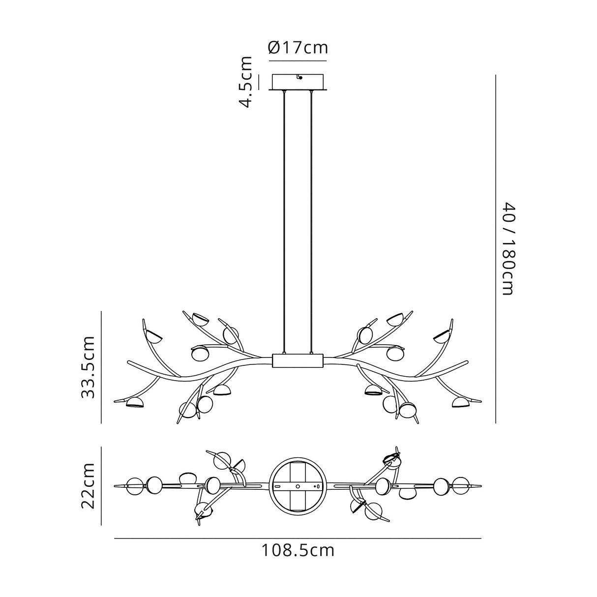 Makin 16 Light Linear Pendant, 16 x 3W LED, 3000K, 2640lm, Black/Antique Brass, 3yrs Warranty