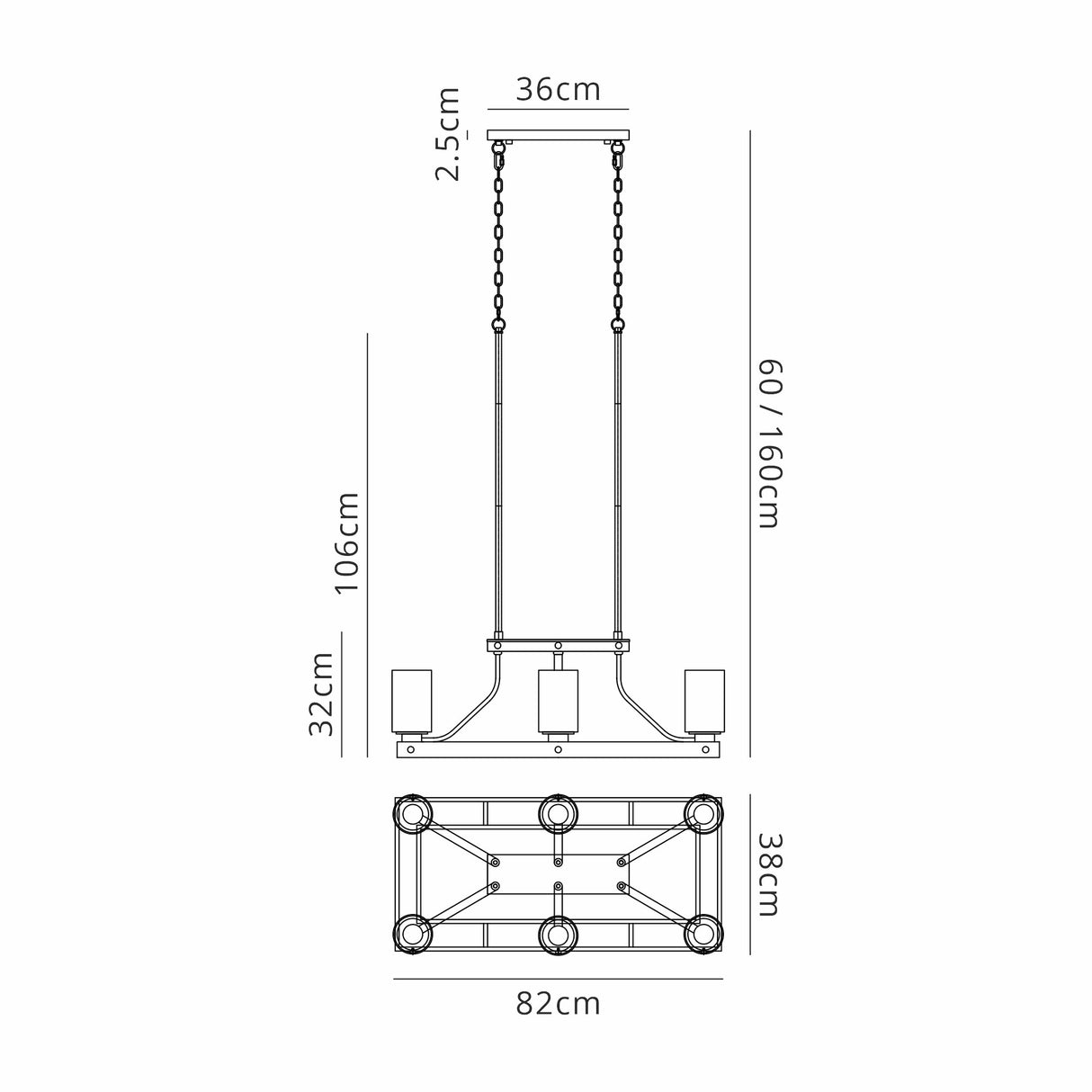 Owers Linear Pendant 6 Light E27, Brown Oxide/Gold Bronze With Clear Glass Shades