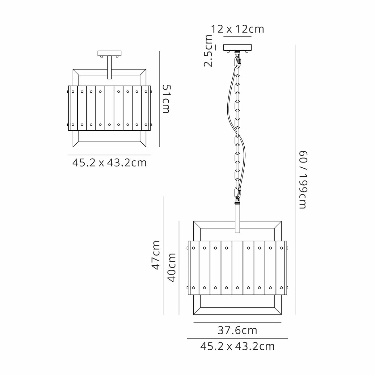 Ursem Large Square Pendant/Semi Flush, 5 Light E27, Matt Black/Crystal Sand Glass