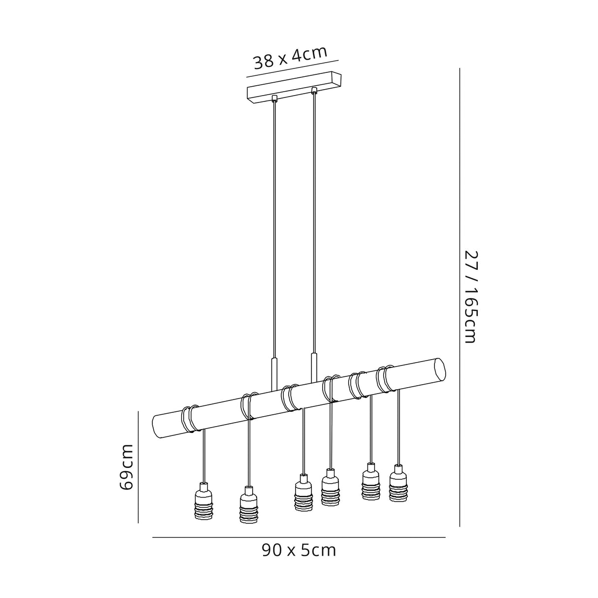 Tiler Pendant, 6 x E27, Medium Oak/Antique Brass