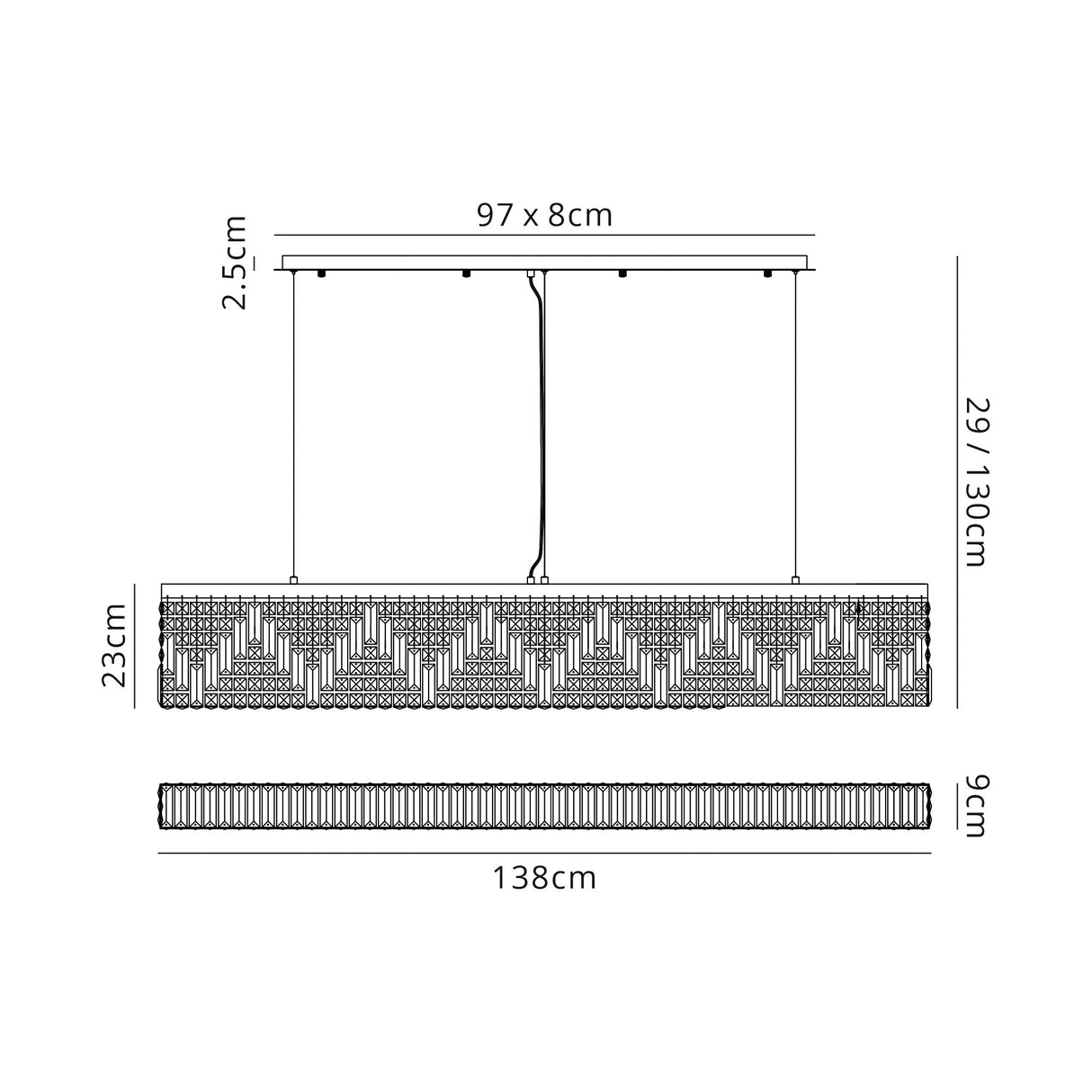 Devine 138x9cm Linear Pendant Chandelier, 7 Light E14, Polished Chrome/Crystal