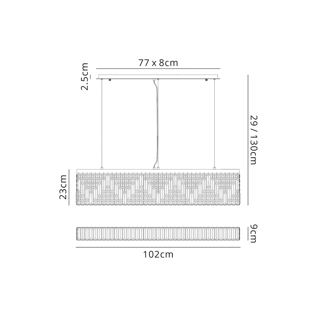 Devine 102x9cm Linear Pendant Chandelier, 5 Light E14, Gold/Crystal