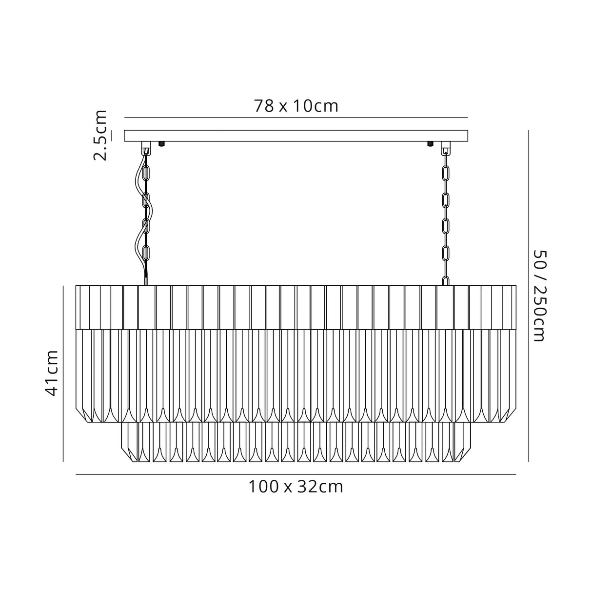 Longhorn 100 x 32cm Pendant Rectangle 5 Light E14, Polished Nickel/Clear Sculpted Glass, Item Weight: 21.2kg