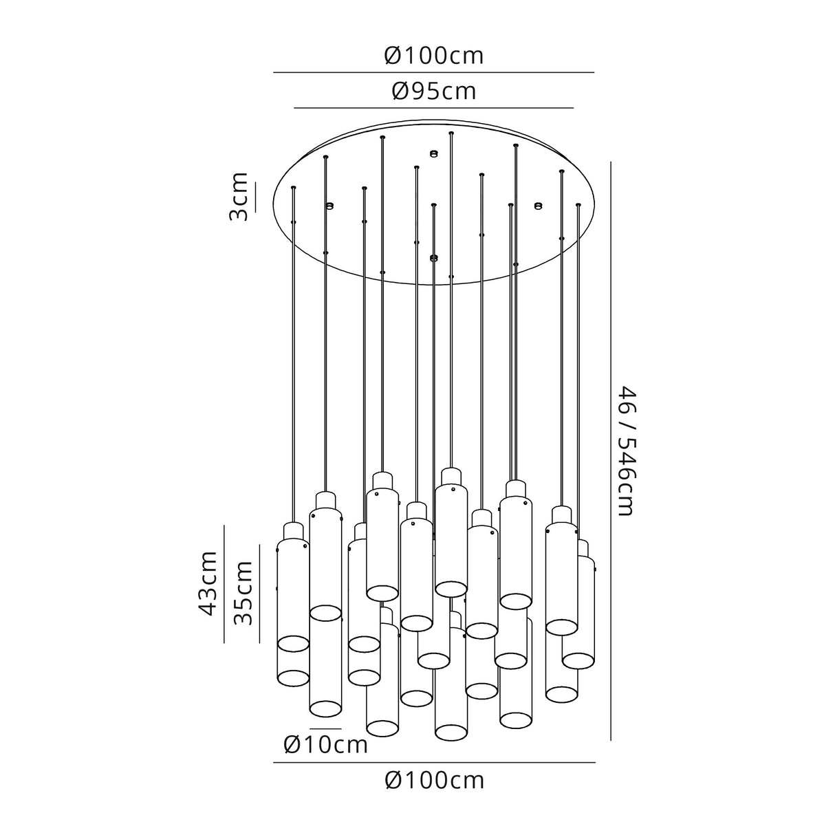 Bridges Round Pendant, 21 Light Adjustable E27, Black/Smoke Fade Glass, Item Weight: 38.2kg