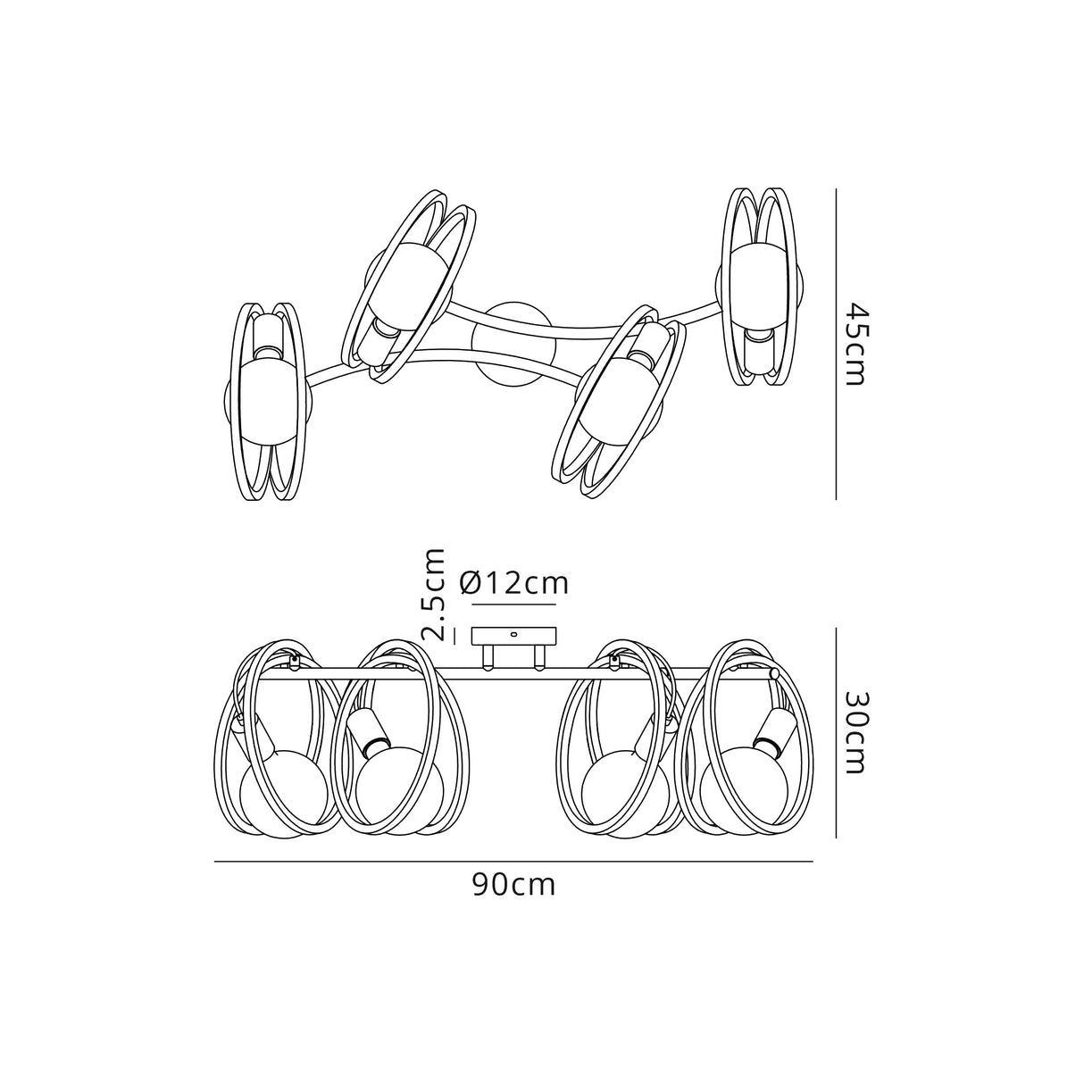 Kay Double Ring Ceiling Flush, 4 Light E27, Matt Black / Painted Gold, G95/120 Lamp Recommended