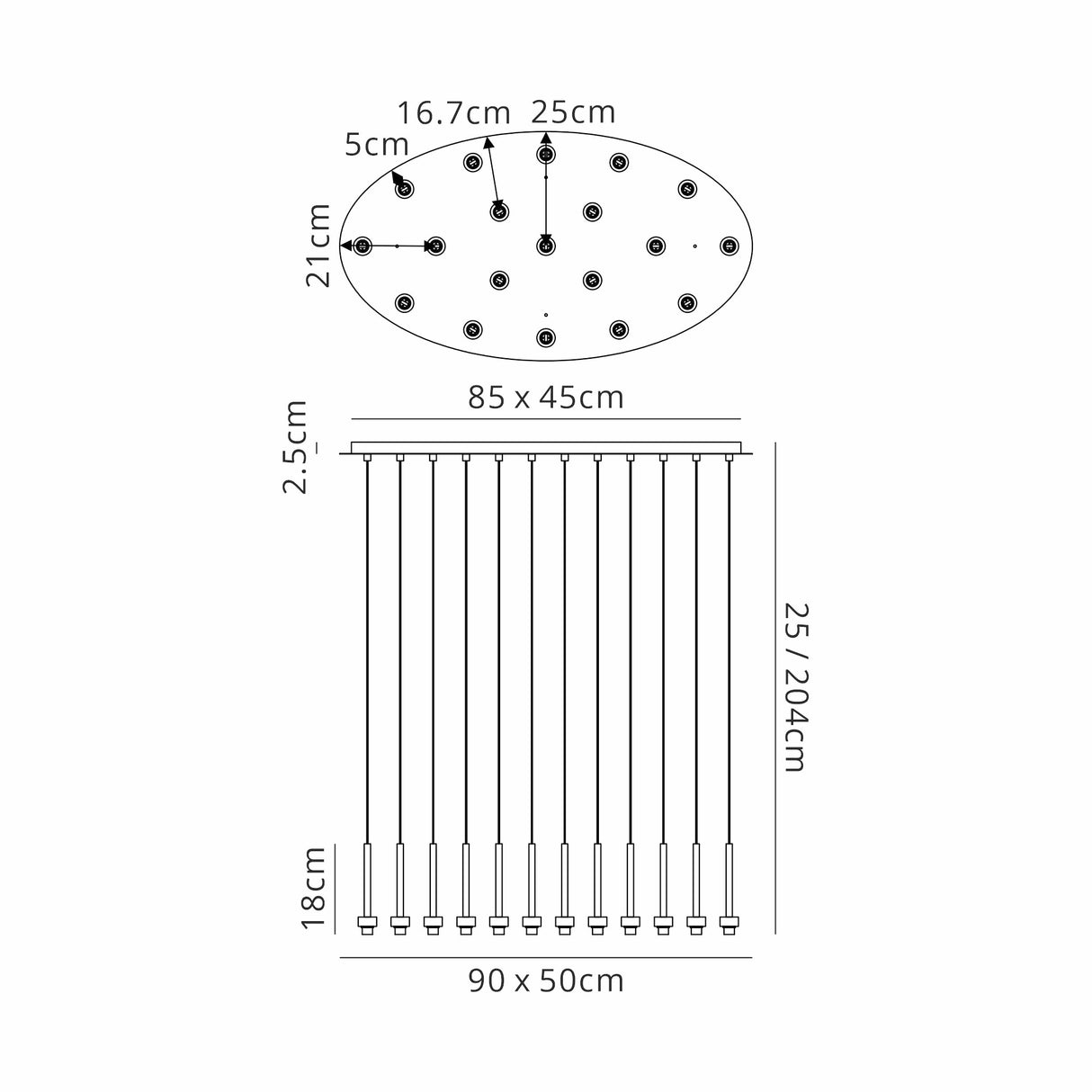 Lathen Polished Chrome 19 Light G9 Universal 2m Oval Multiple Pendant, Suitable For A Vast Selection Of Glass Shades