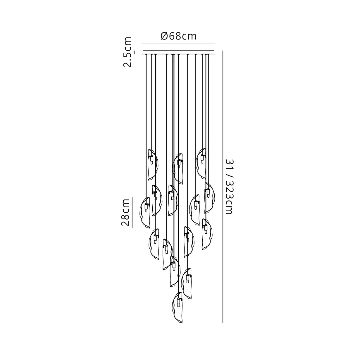 Young Pendant 3m, 15 x G9, Polished Chrome / Clear & Amber & Smoked Glass, Item Weight: 17.5kg