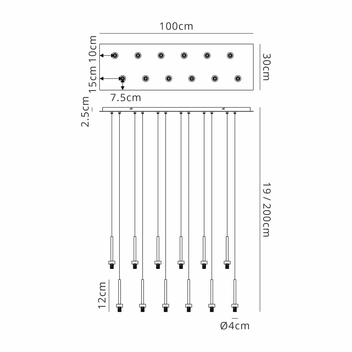 Lathen Satin Black 12 Light G9 Universal 2m Linear Pendant, Suitable For A Vast Selection Of Glass Shades