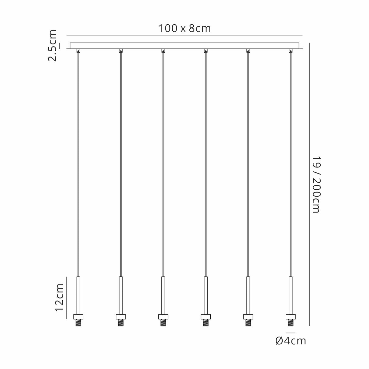Lathen Satin Black 6 Light G9 Universal 2m Linear Pendant, Suitable For A Vast Selection Of Glass Shades