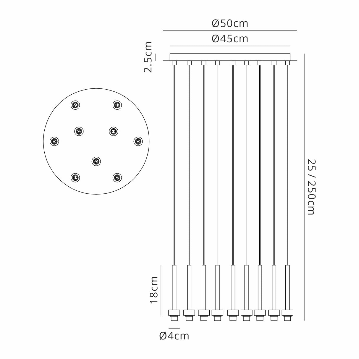 Lathen Polished Chrome 9 Light G9 Universal 2.5m Round Multiple Pendant, Suitable For A Vast Selection Of Glass Shades