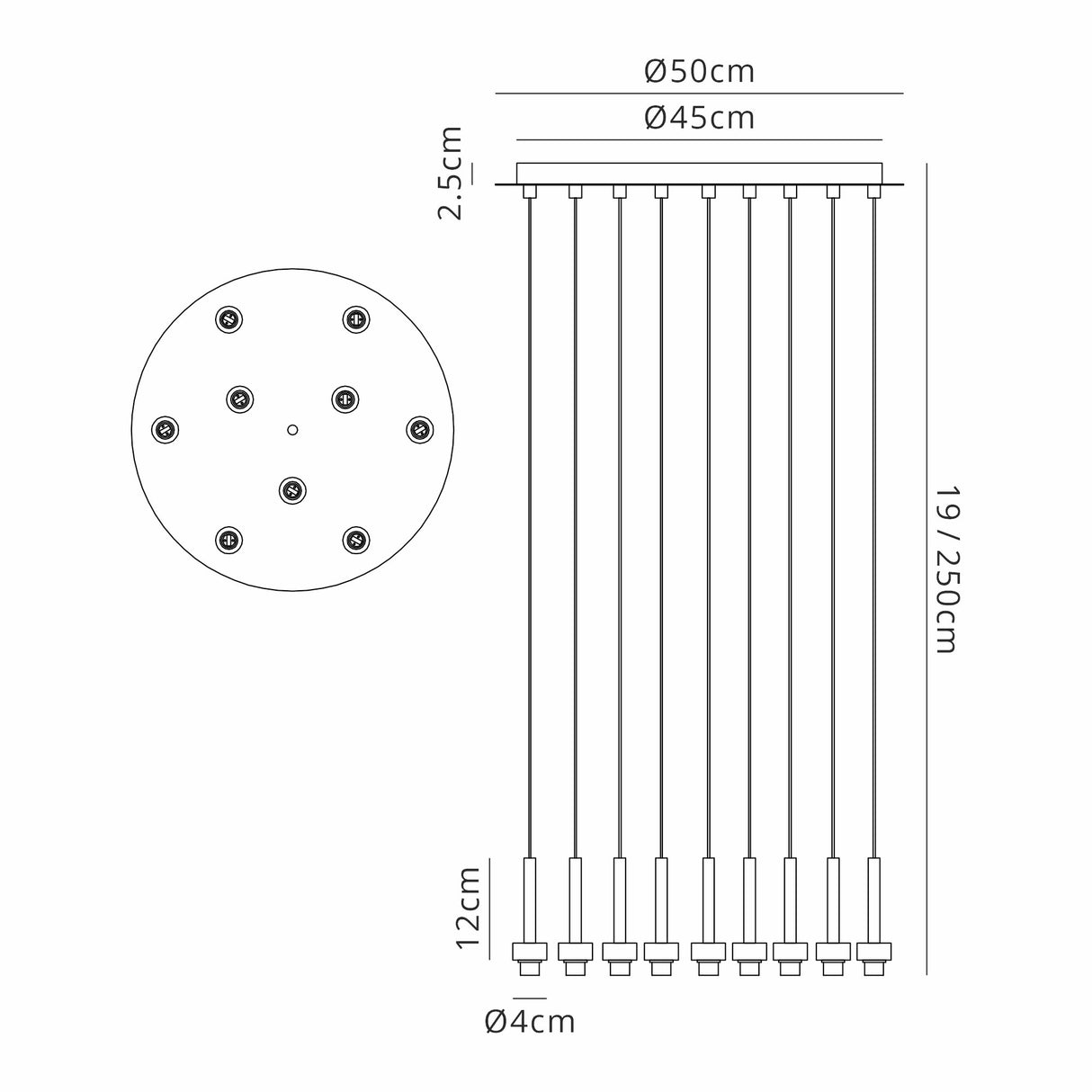 Lathen Satin Black 9 Light G9 Universal 2.5m Round Multiple Pendant, Suitable For A Vast Selection Of Glass Shades