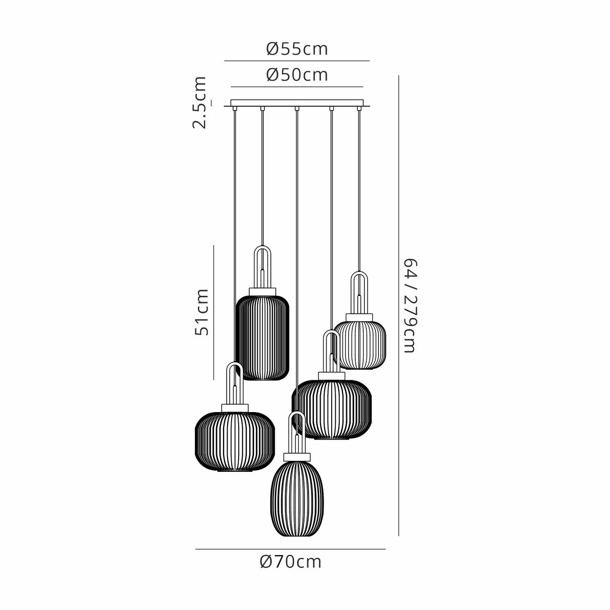 Allardyce 2.5m 5 Light Round With Multiple Shades & Colours, 5 x E27, Matt Black/Smoked/Petrol Blue/Champagne/Green