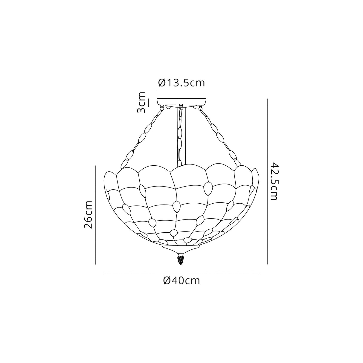 Finney 3 Light Semi Flush E27 With 40cm Tiffany Shade, Beige/Clear Crystal/Aged Antique Brass
