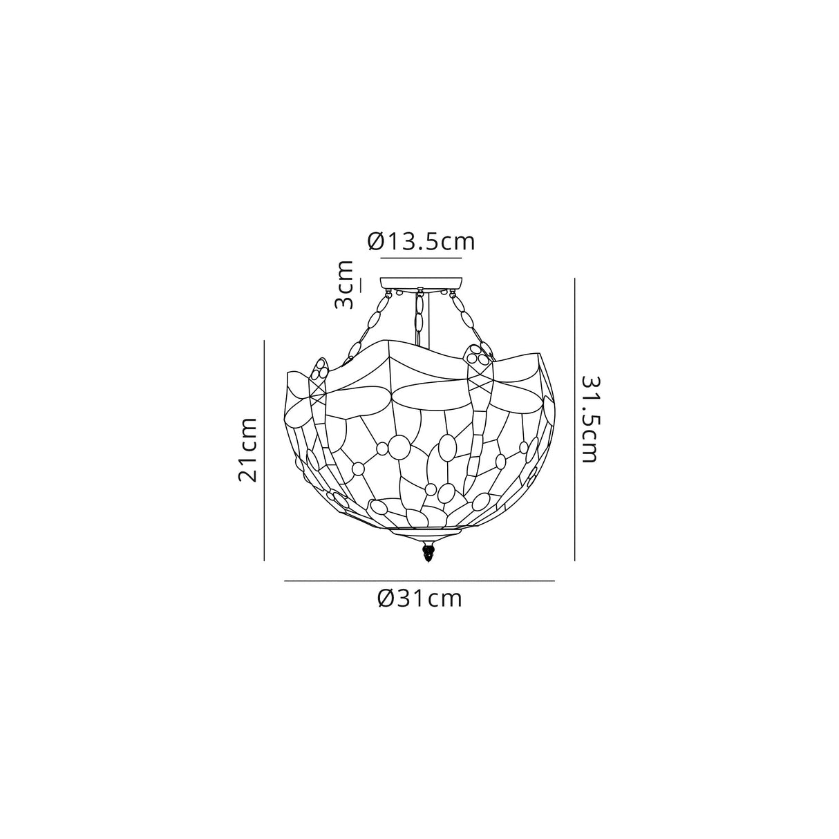 Hinnigan 2 Light Semi Flush E27 With 30cm Tiffany Shade, Blue/Orange/Crystal/Aged Antique Brass