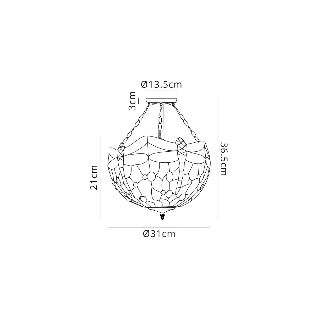 Hinnigan 3 Light Semi Flush E27 With 30cm Tiffany Shade, Blue/Orange/Crystal/Aged Antique Brass