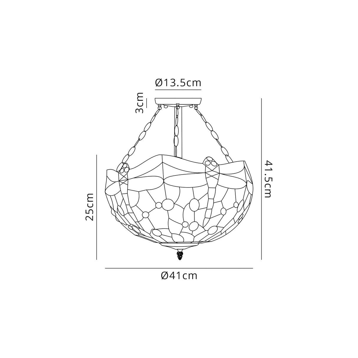 Hinnigan 3 Light Semi Flush E27 With 40cm Tiffany Shade, Blue/Orange/Crystal/Aged Antique Brass