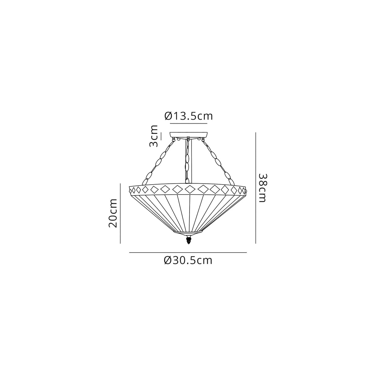 Wearne 3 Light Semi Flush E27 With 30cm Tiffany Shade, Amber/Cream/Crystal/Aged Antique Brass