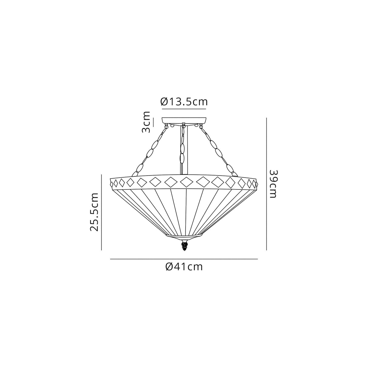 Wearne 3 Light Semi Flush E27 With 40cm Tiffany Shade, Amber/Cream/Crystal/Aged Antique Brass