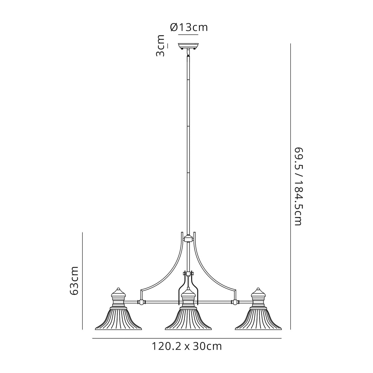 Munro 3 Light Linear Pendant E27 With 30cm Bell Glass Shade, Antique Brass, Clear
