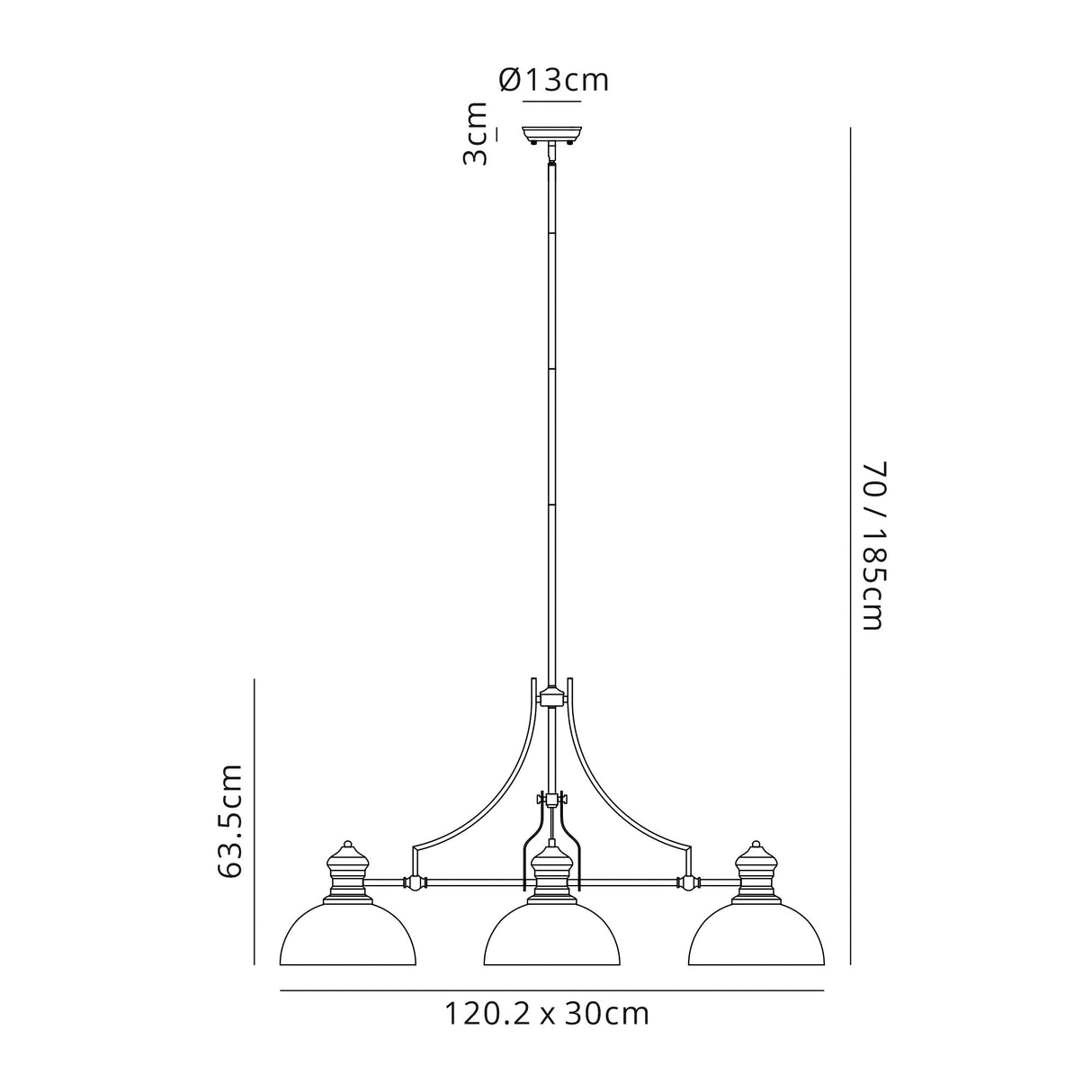Munro 3 Light Linear Pendant E27 With 30cm Prismatic Glass Shade, Antique Brass, Clear
