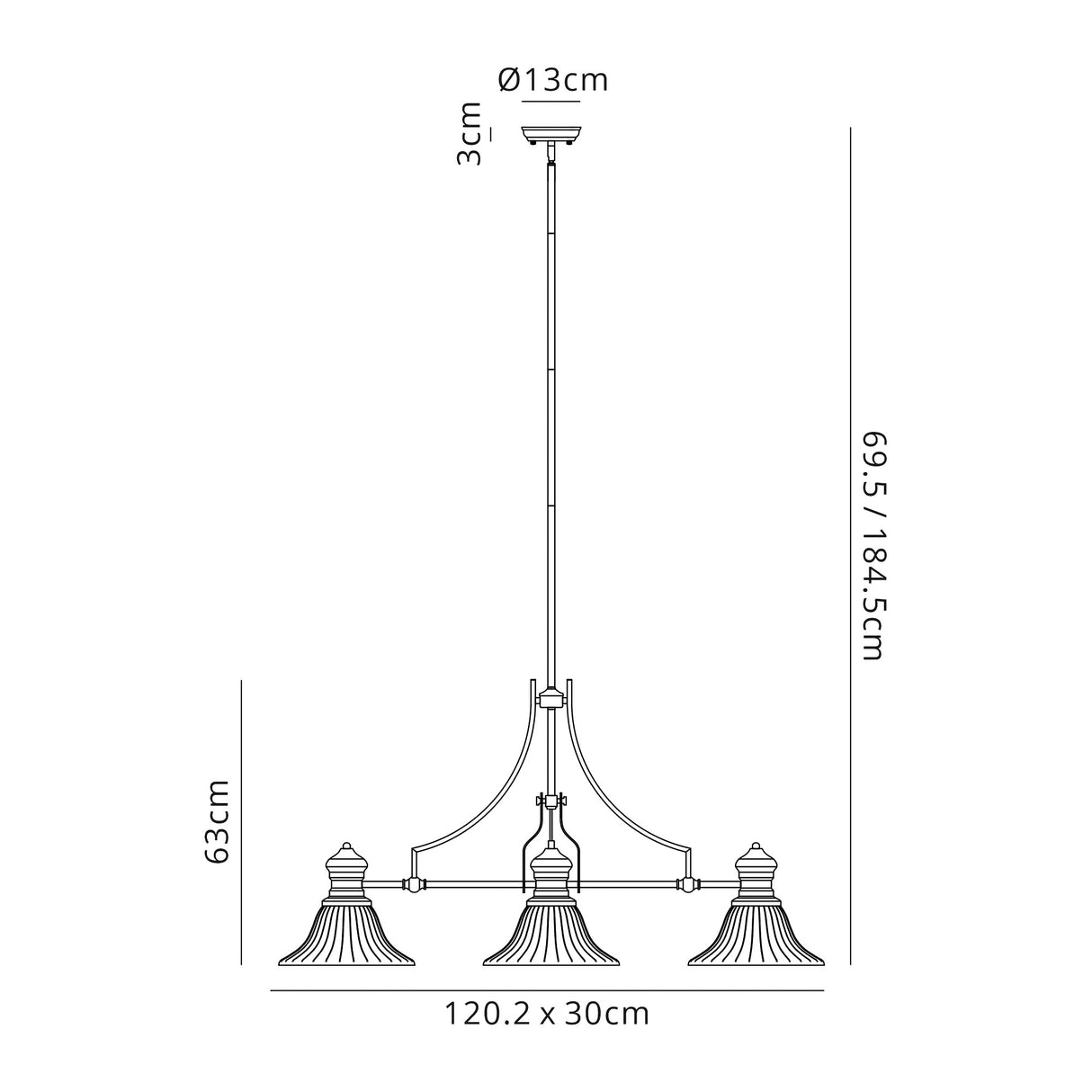 Munro 3 Light Linear Pendant E27 With 30cm Bell Glass Shade, Polished Nickel, Clear