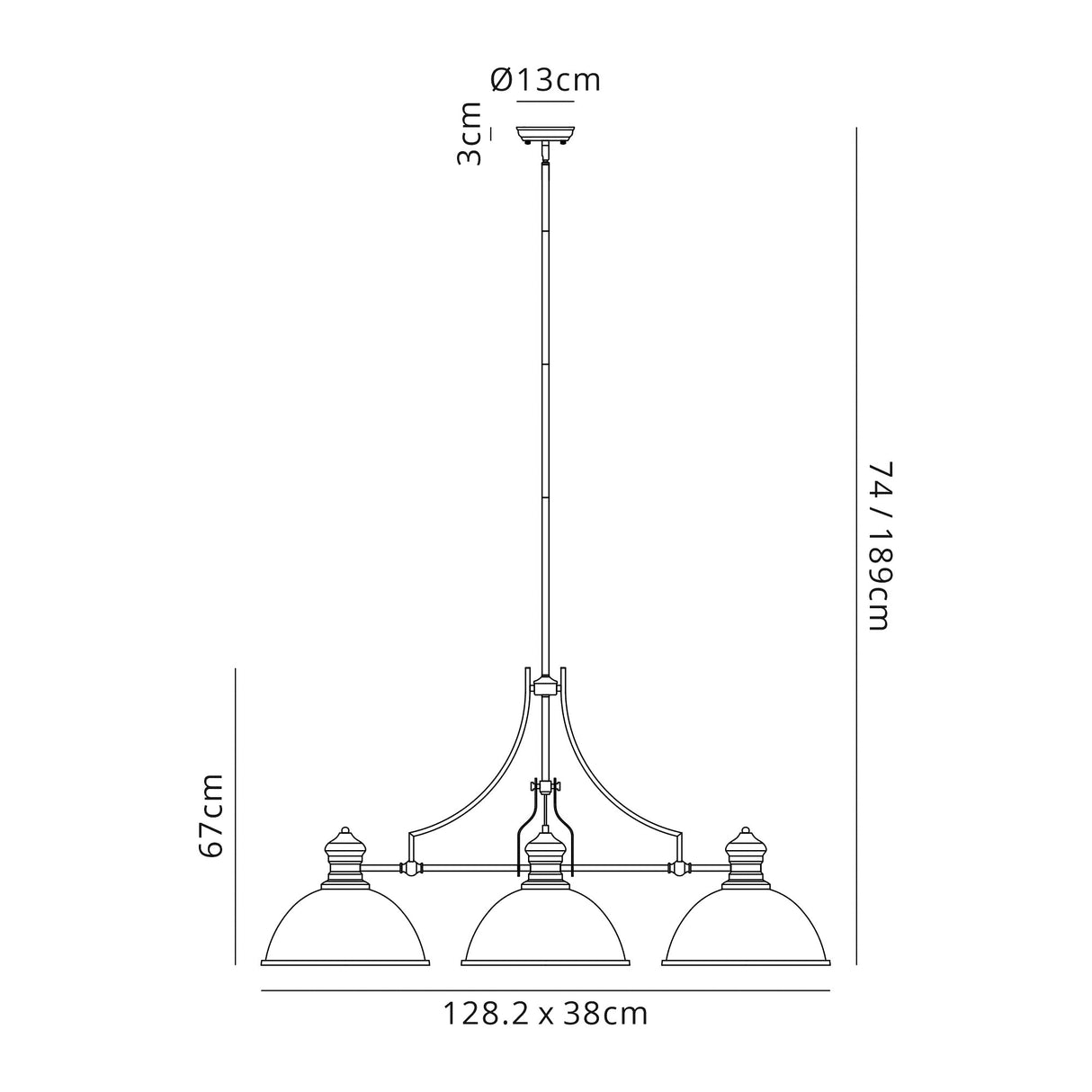 Munro 3 Light Linear Pendant E27 With 38cm Dome Glass Shade, Polished Nickel, Clear