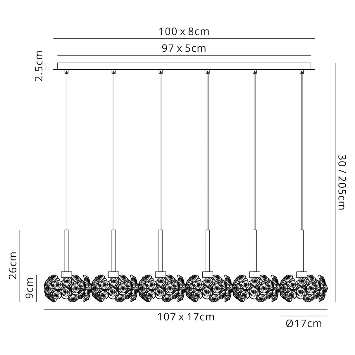 Byrne 6 Light G9 2m Linear Pendant With Polished Chrome And Crystal Shade