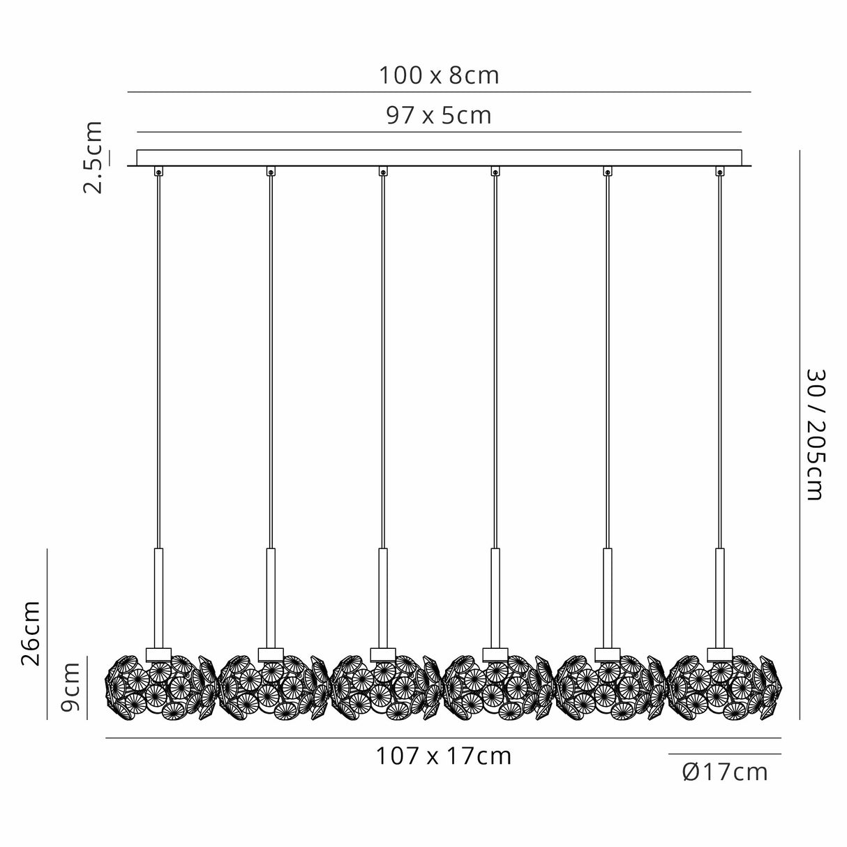 Byrne 6 Light G9 2m Linear Pendant With French Gold And Crystal Shade