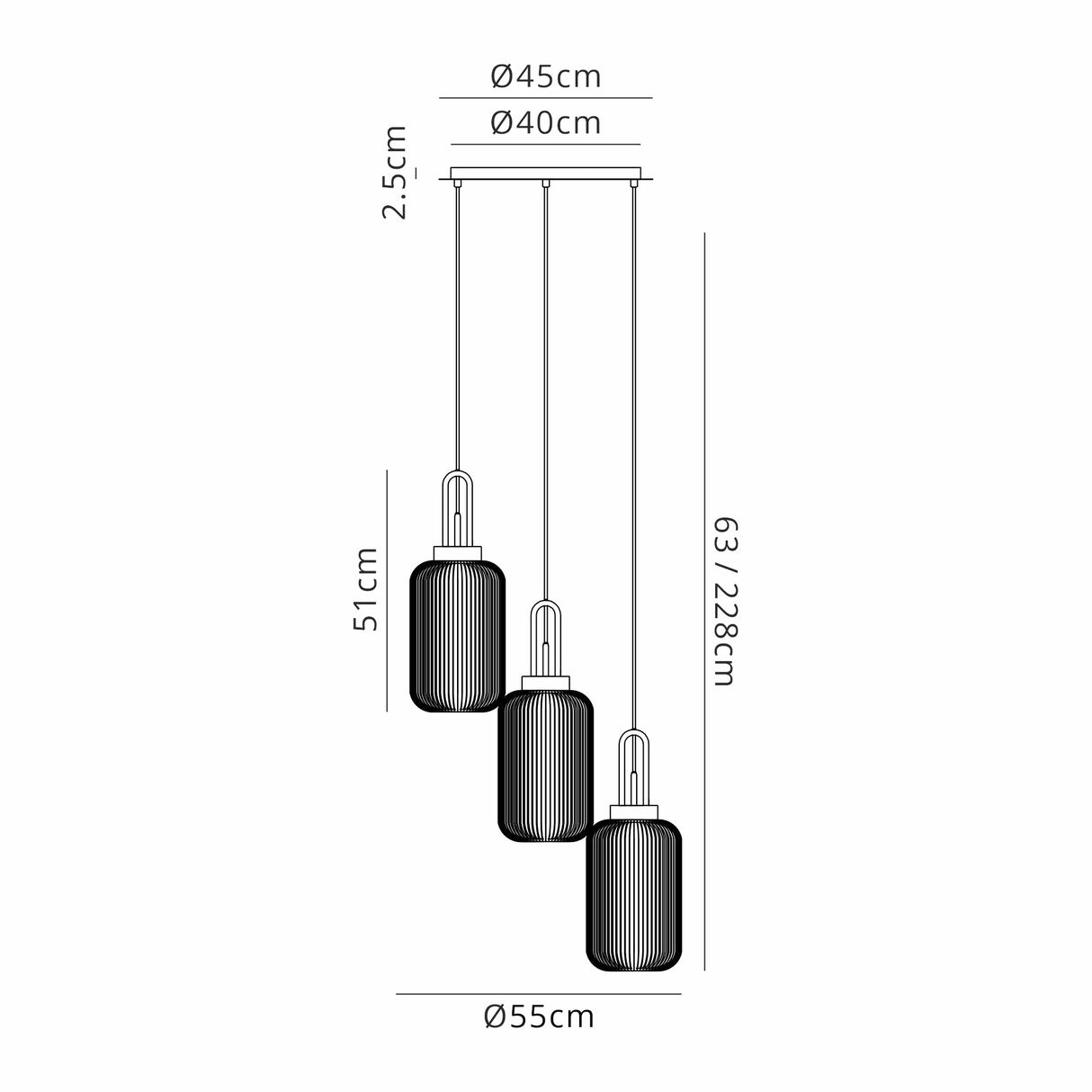 Allardyce 2m Round Pendant 3 Light E27 With 20cm Tubular Ribbed Glass, Brass Gold / Green / Matt Black