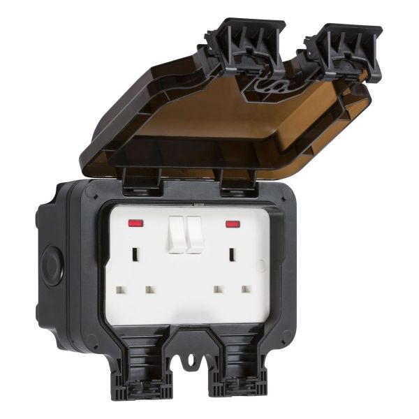 Knightsbridge OP9N Black IP66 2 Gang 13A 2 Pole Neon Switched Socket