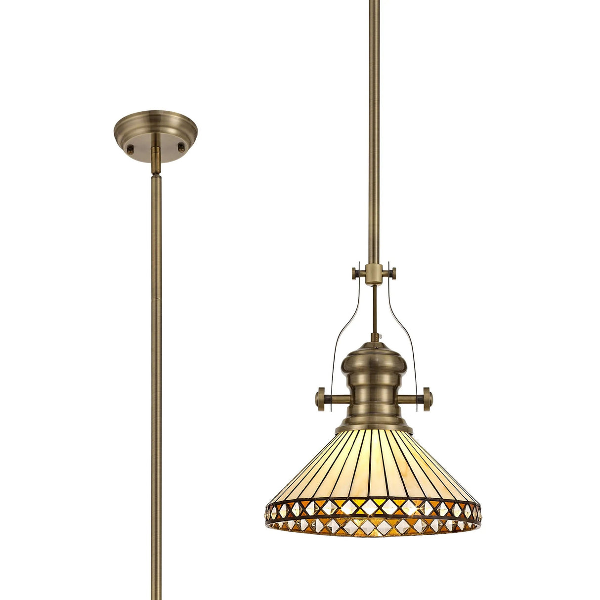 Wearne 1 Light Pendant E27 With 30cm Tiffany Shade, Antique Brass/Amber/Cream/Crystal